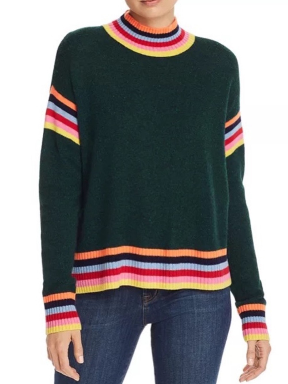 Aqua Dark Green Cashmere Sweater with Neon Stripe Trim - Women's Casual Pullover